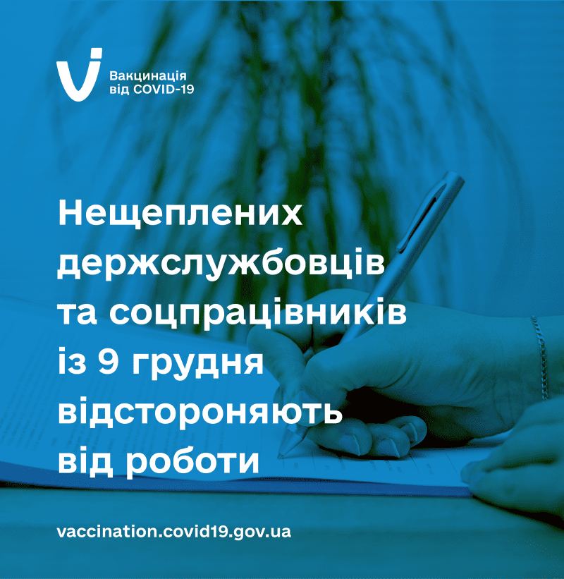 З 9 грудня нещеплені від COVID-19 держслужбовці та соцпрацівники відстороняються від роботи